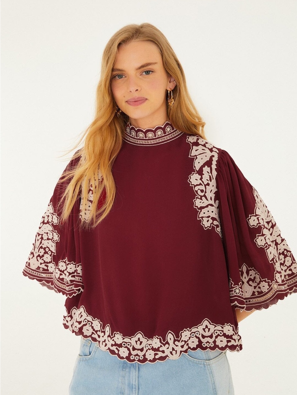 FARM Rio Red Embroidered Blouse Palm Tree Ivory Trim Size S Vacation Resort Top